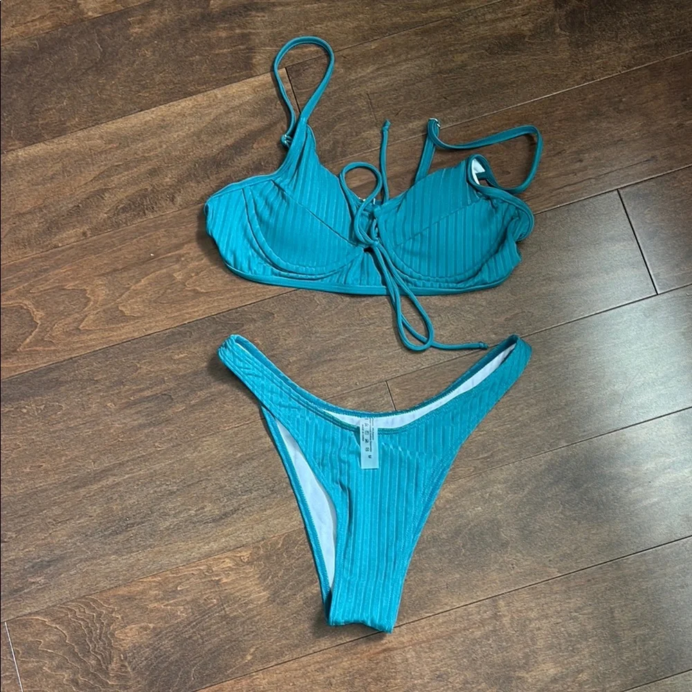 Teal Ribbed Bikini Set - Picture 1 of 7